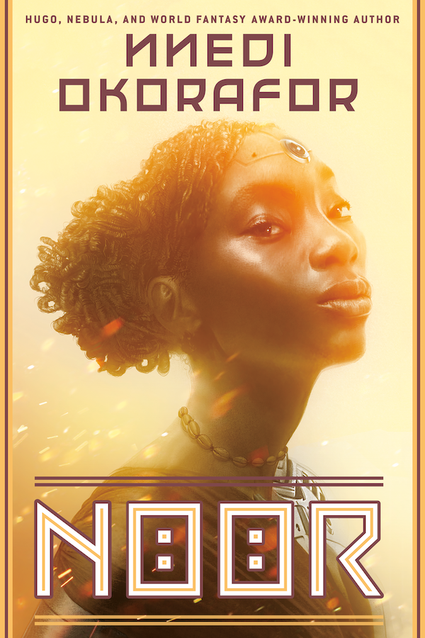 Cover of Noor novel with Black woman with cyborg modifications looking powerfully at viewer